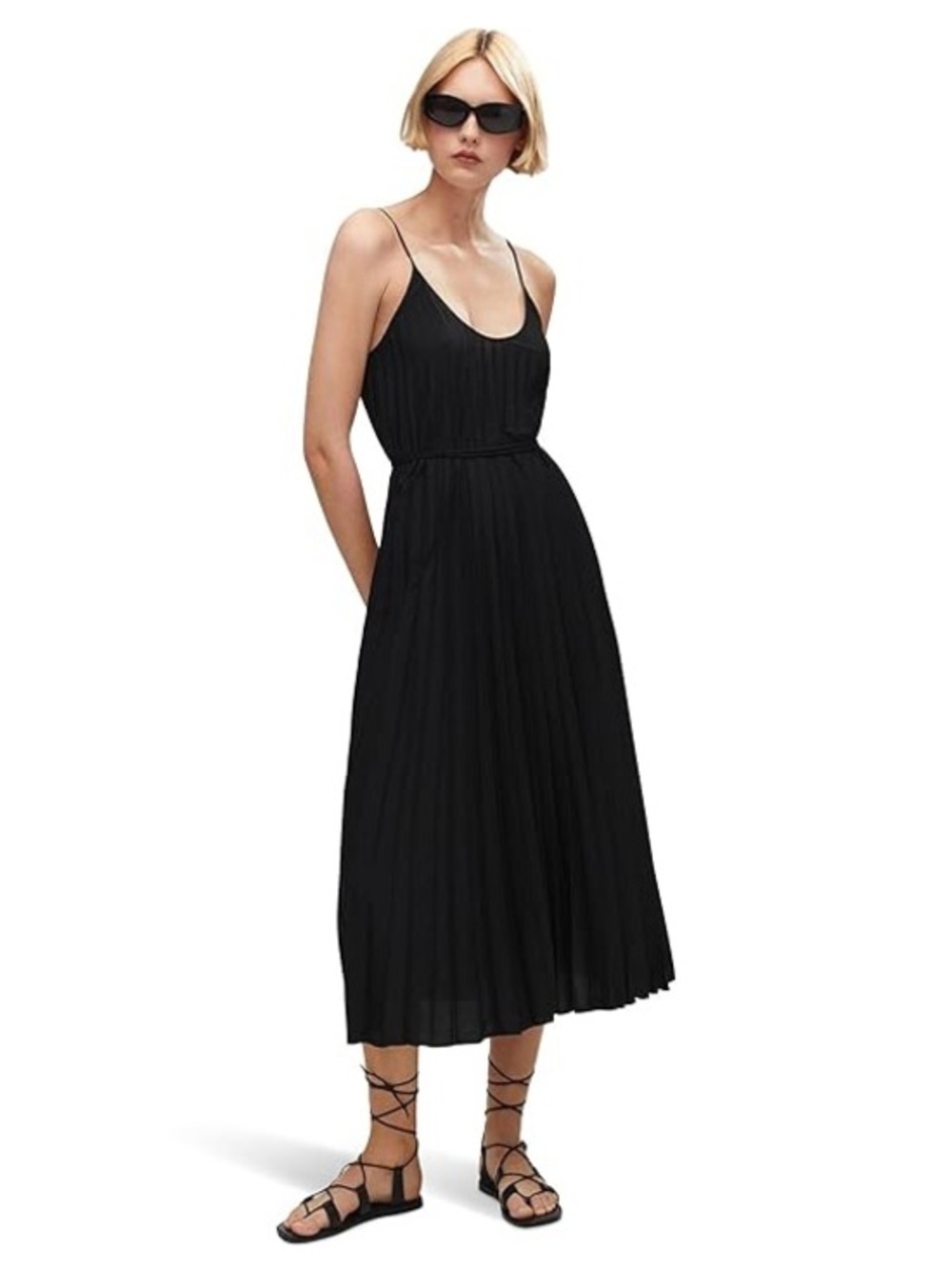 Mango Black Pleated Midi Slip Dress with Spaghetti Straps
